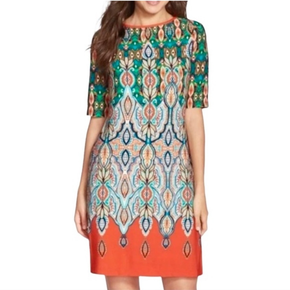 Eliza J Bold Boho Paisley Medallion Orange Green Shift Dress Women’s 12 Peacock